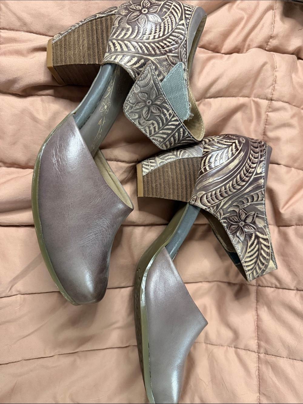 Embossed Floral Brown Block Heel